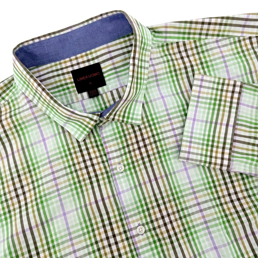 Linea Uomo Button Down Shirt Mens 5XL Green/Purple Plaid Long Sleeve Cotton
